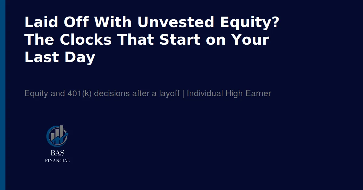A calendar with two circled dates, one for an equity exercise window and one for a 60-day 401(k) rollover deadline after a layoff