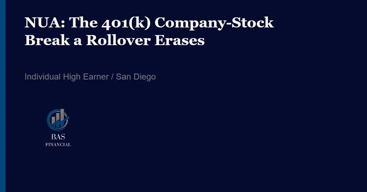 Long-tenured San Diego employee reviewing 401(k) company-stock options before leaving an employer