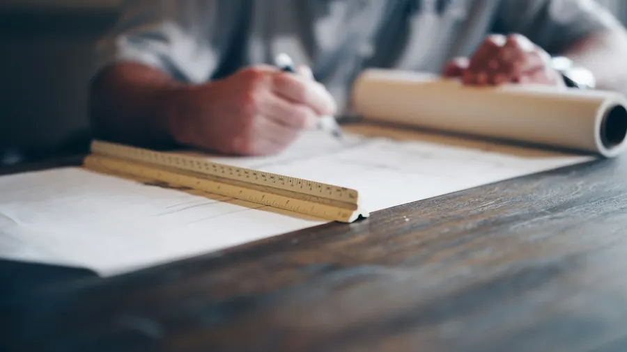 Person drafting on an engineering blueprint